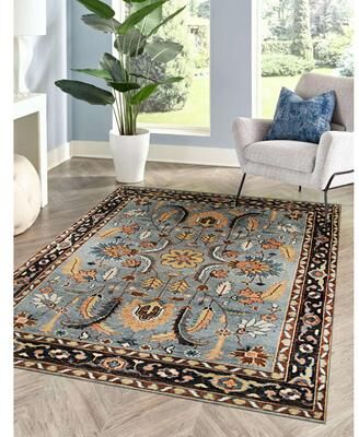 EORC Hand-knotted Wool Navy Traditional All Over Traditional Knot Rug - 9' x 12'