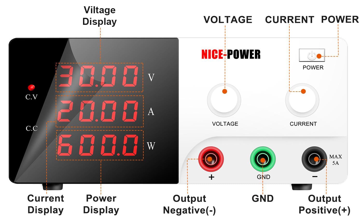 Selius Instelbare DC Voeding met LED Display - 0-30V 0-30A 900W