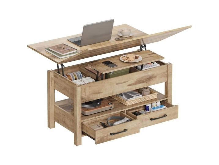 Table basse relevable extensible - WOLTU - Marron rustique - 100x50 5x53/67.5 cm - 2 tiroirs - Compartiment ouvert -Rangement caché