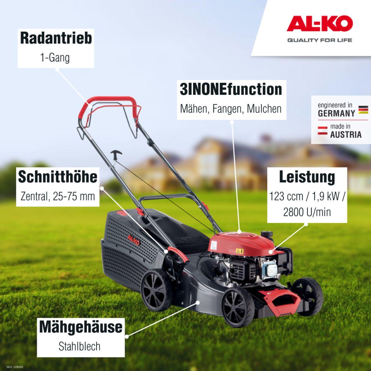 AL-KO Benzin-Rasenmäher Comfort 42.1 SP-A (42 cm Schnittbreite, 1.9 kW Motorleistung, Robustes Stahlblechgehäuse, Hinterradantrieb, Mulchfunktion, für Rasenflächen bis 800 m²