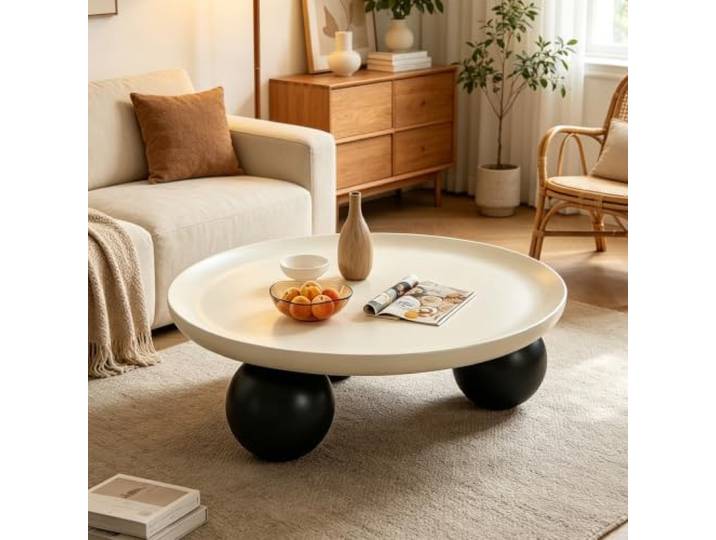 Luxuriöser runder Designer Couchtisch, stabiler minimalischer nordischer Couchtisch rund creme Premium-Qualität, formaldehydfrei, rutschfeste gebogene Platte, einfache Montage(White+Black)