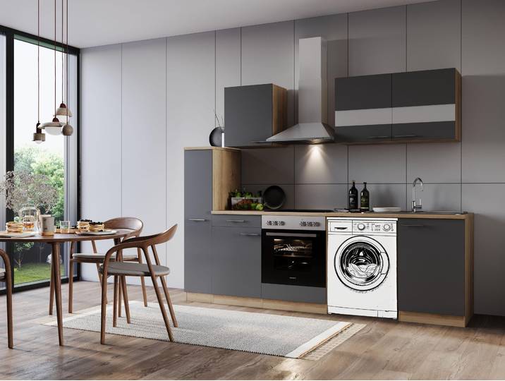 Küche Küchenzeile für Unterbau Waschmaschine Eiche Grau Merle 250 cm Respekta