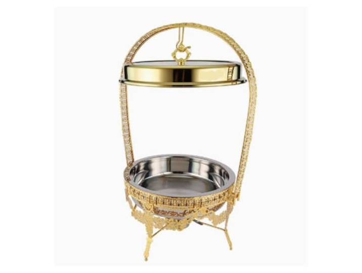 Goldene Luxus-Chafing Dishes for das Buffet Speisenwärmer Mit hängenden Deckeln und geschnitzten Hohldesigns, Buffetwärmer for Hochzeiten, Partys