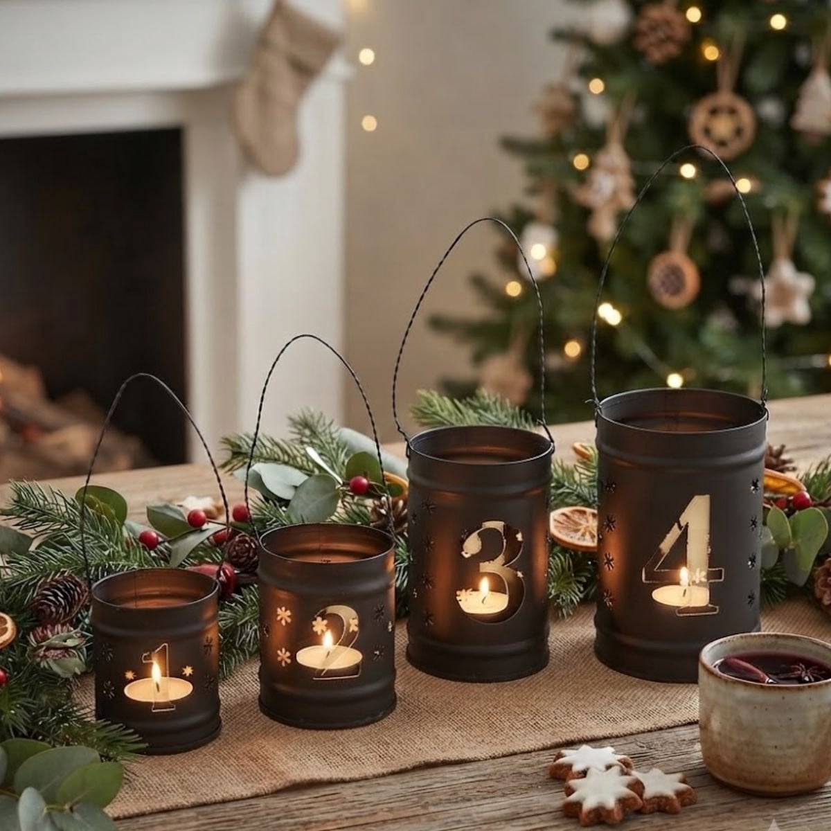 Set van 4 kleine metalen advent lantaarns met cijfers - Zwarte waxinelichthouders voor kerstdecoratie