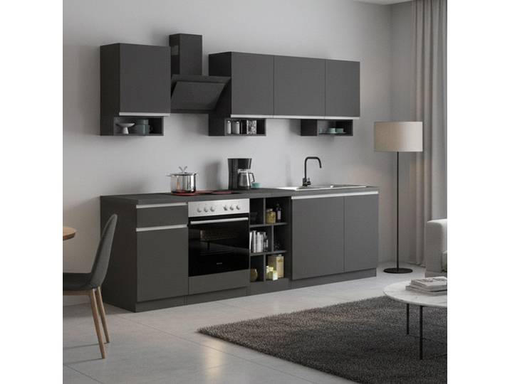 Modulare Einbauküche 256cm modernes Design Domina - Schwarz - Grau