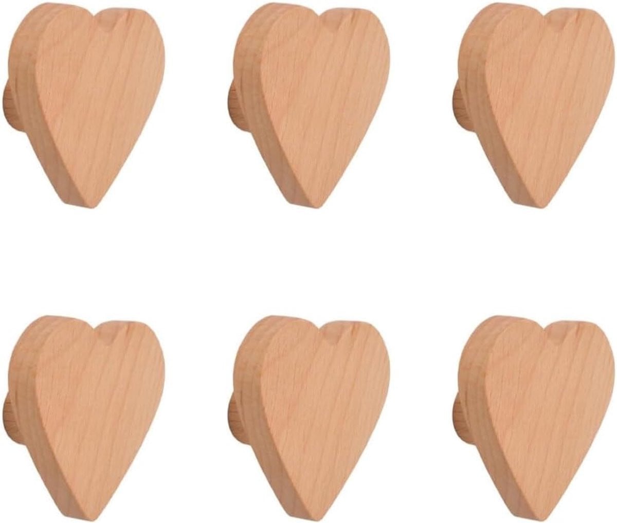 Dailygoods Kastknoppen Hartvorm - Set van 6 Houten Handgrepen van Beukenhout