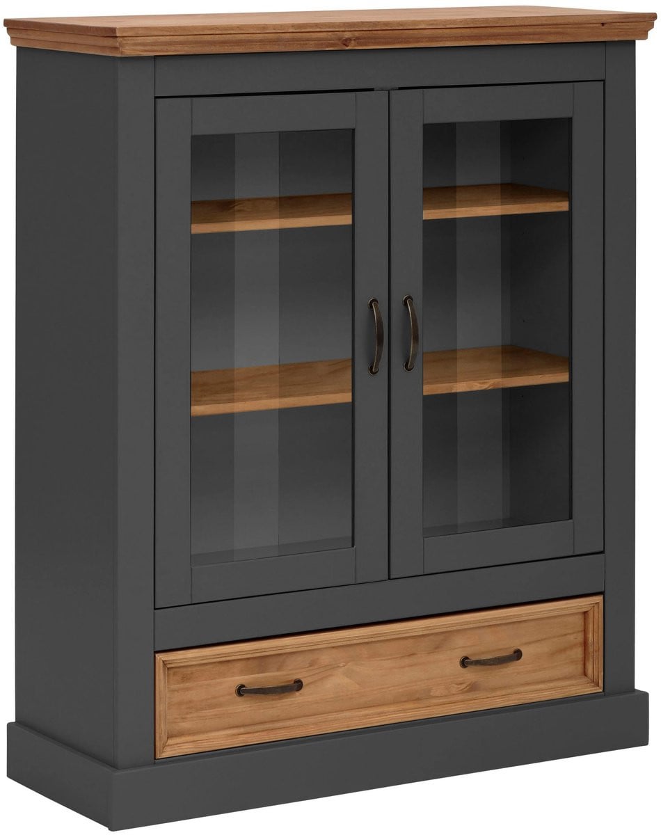 Selma Highboard Vitrinekast met 2 Glazen Deuren en Lade - Antraciet - Breedte: 100 cm, Hoogte: 120 cm