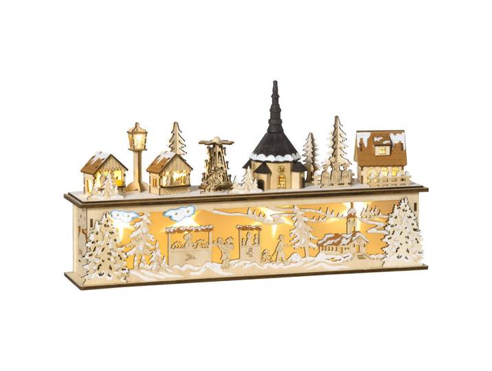 Homcom Weihnachtsdeko Verschneites Weihnachtsdorf mit 10 LEDs Natur 45 x 10 x 25 cm, Naturfarben, Holz, 10x25x45 cm, Dekoration, Weihnachtsdekoration