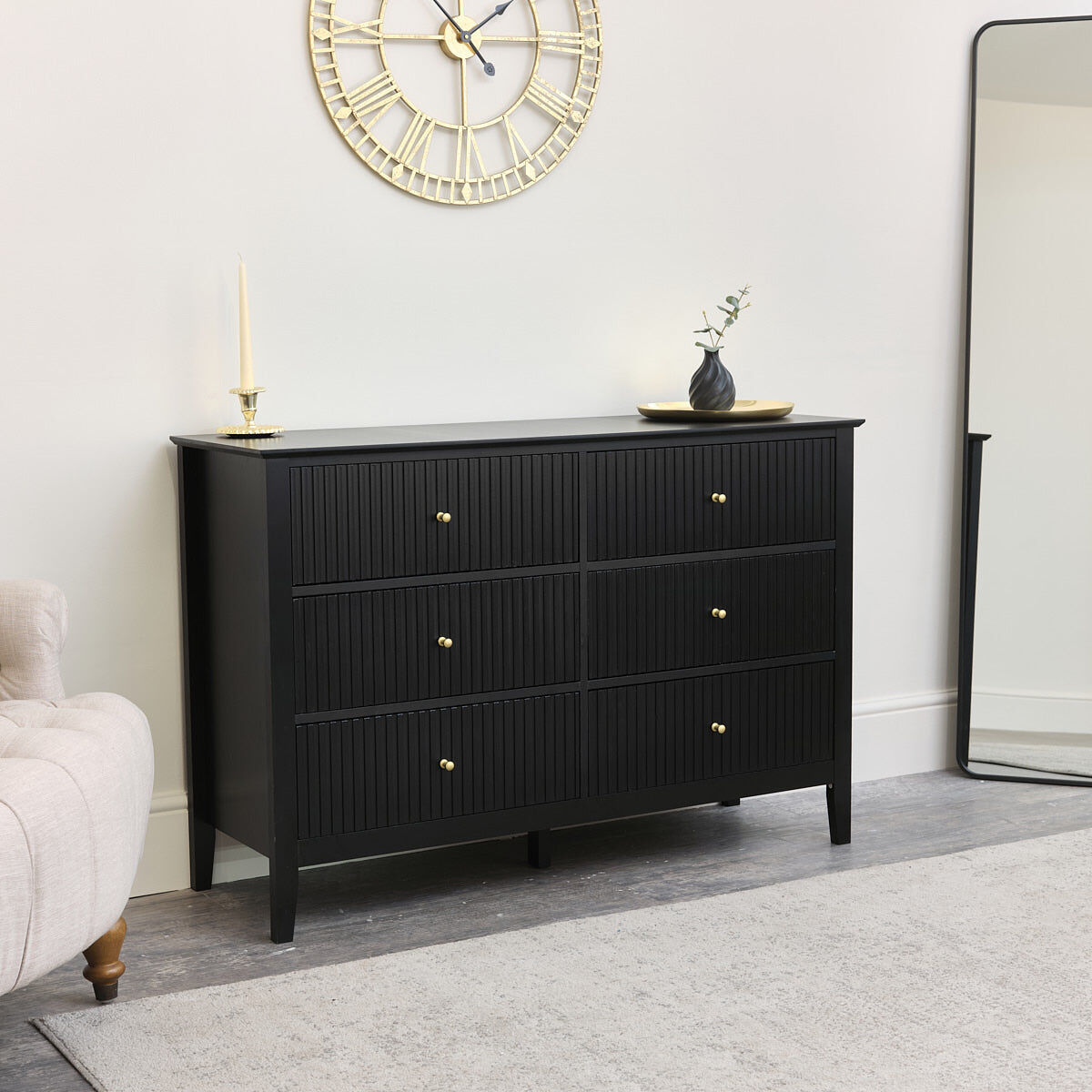 Large Chest of Drawers and Pair of Bedside Tables - Hales Black Range Wood, Metal