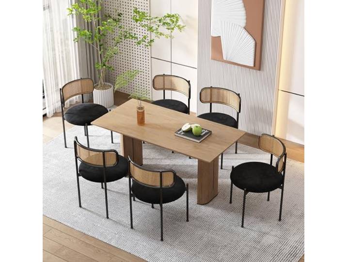 Merax Esszimmerstühle 6er Set, Moderner Küchenstühle mit Rattan Rückenlehne, Essstühle mit Vier Stützbeinen aus Metall, Samt, Schwarz