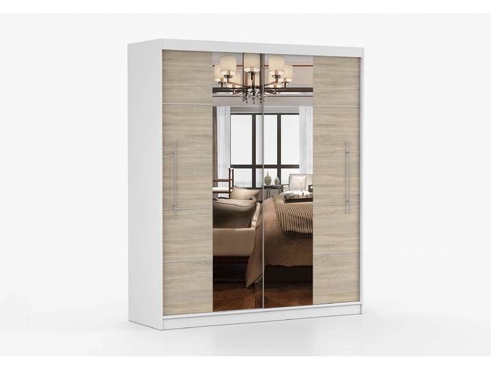 Schwebetürenschrank TORINO III 203 cm Weiß Sonoma Eiche + Spiegel Ohne LED-Beleuchtung
