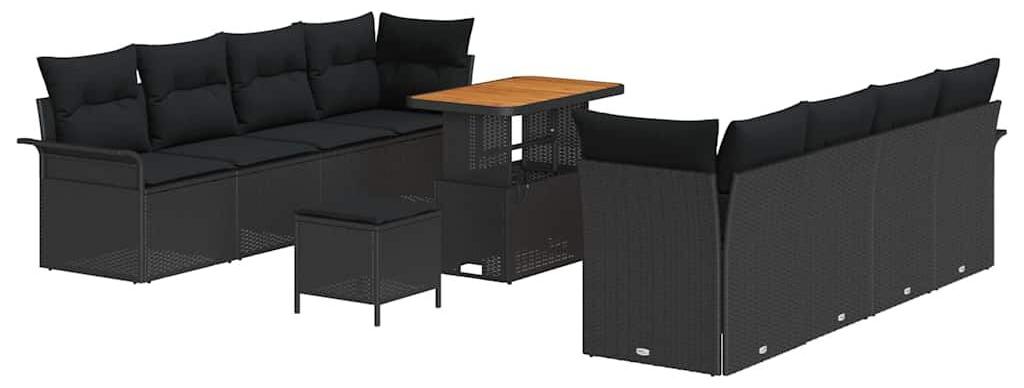 Garten-Sofa-Set, Schwarz - Poly-Rattan, Akazienholz, pulverbeschichteter Stahl - Modular, langlebig