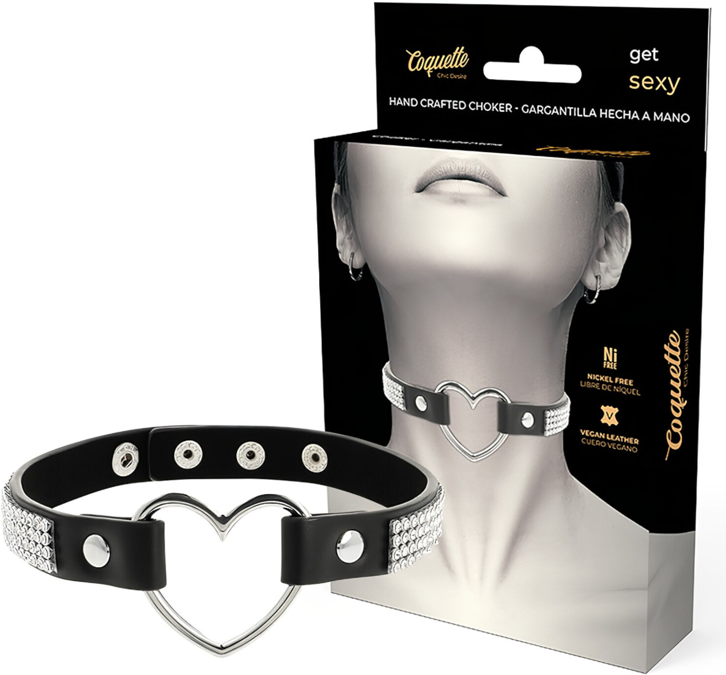 Coquette - Rhinestone Choker with Heart Pendant (Black)