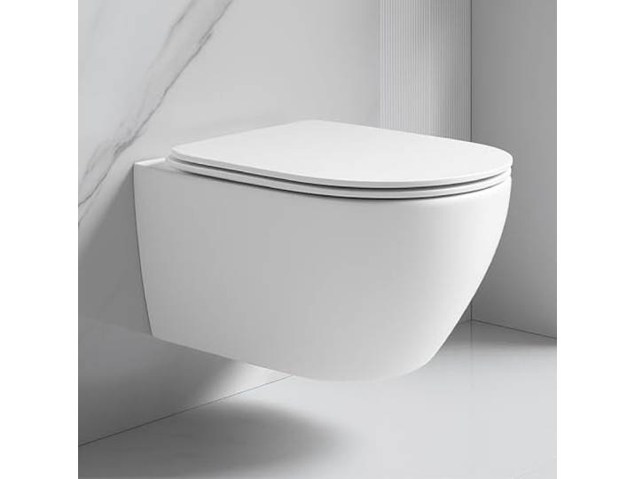 ADOB, spülrandlose WC Keramik Nanoversiegelung Hänge WC Toilette wandhängend 6 Liter wassersparend mit passendem WC Sitz mit Absenkautomatik, inkl. Schallschutzmatte (Verkürzt, spülrandlos)