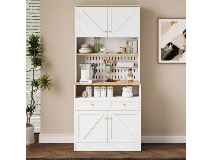 Buffet de cuisine meuble rangement blanc et bois naturel portes type grange 2 tiroirs 80x40x175 cm JOINERY