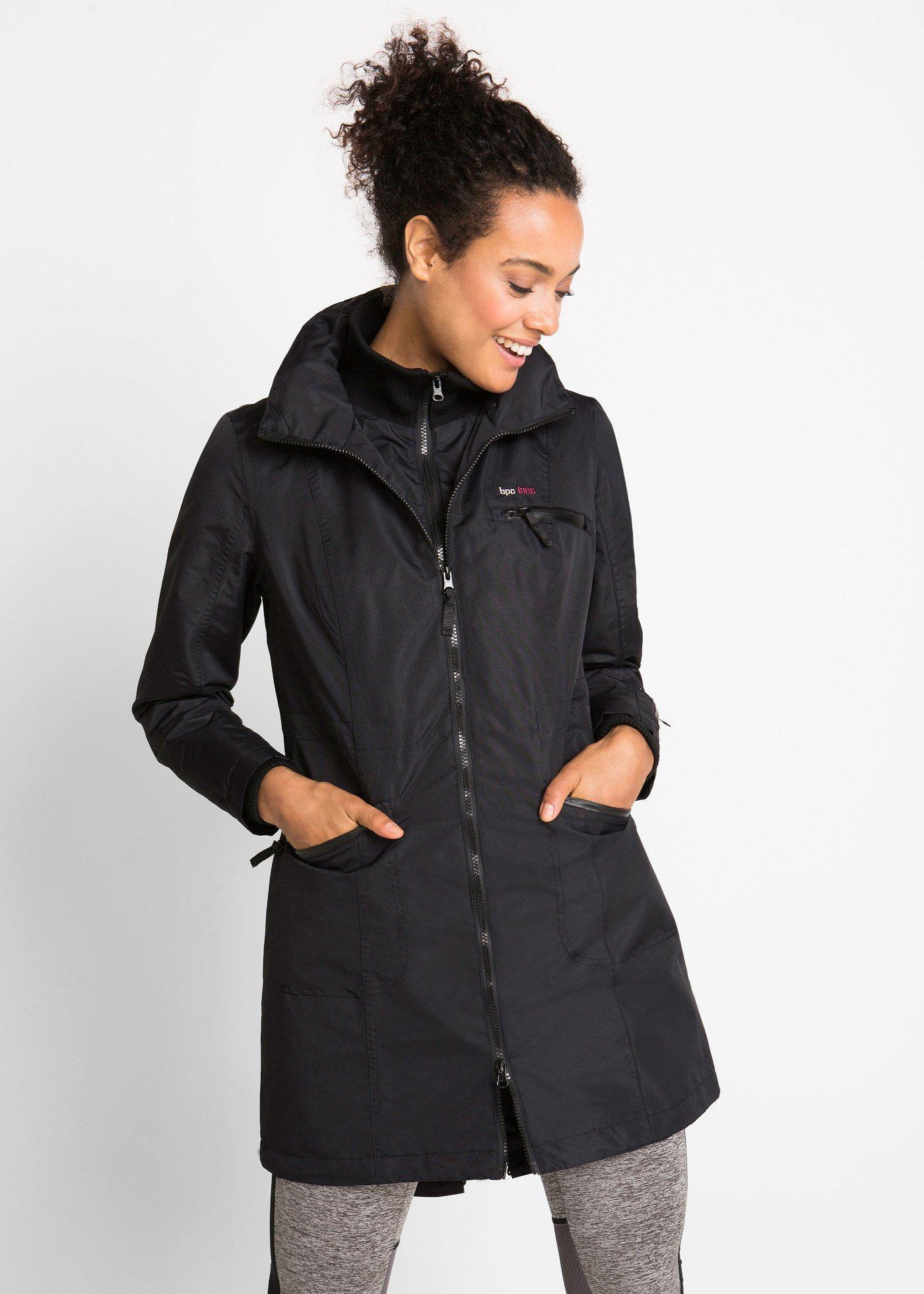 bonprix Wasserdichter Funktions-Outdoor-Übergangsmantel mit Kapuze 2 in 1-Optik, schwarz, Gr.44, Regenjacke mit zahlreichen Taschen