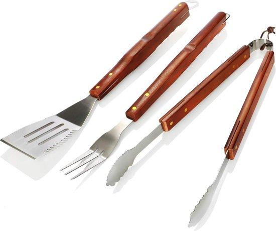 Barbecueset van 3 delen met roestvrijstalen grilltang, grillspatel en grillvork en houten handgrepen, zilver en bruin