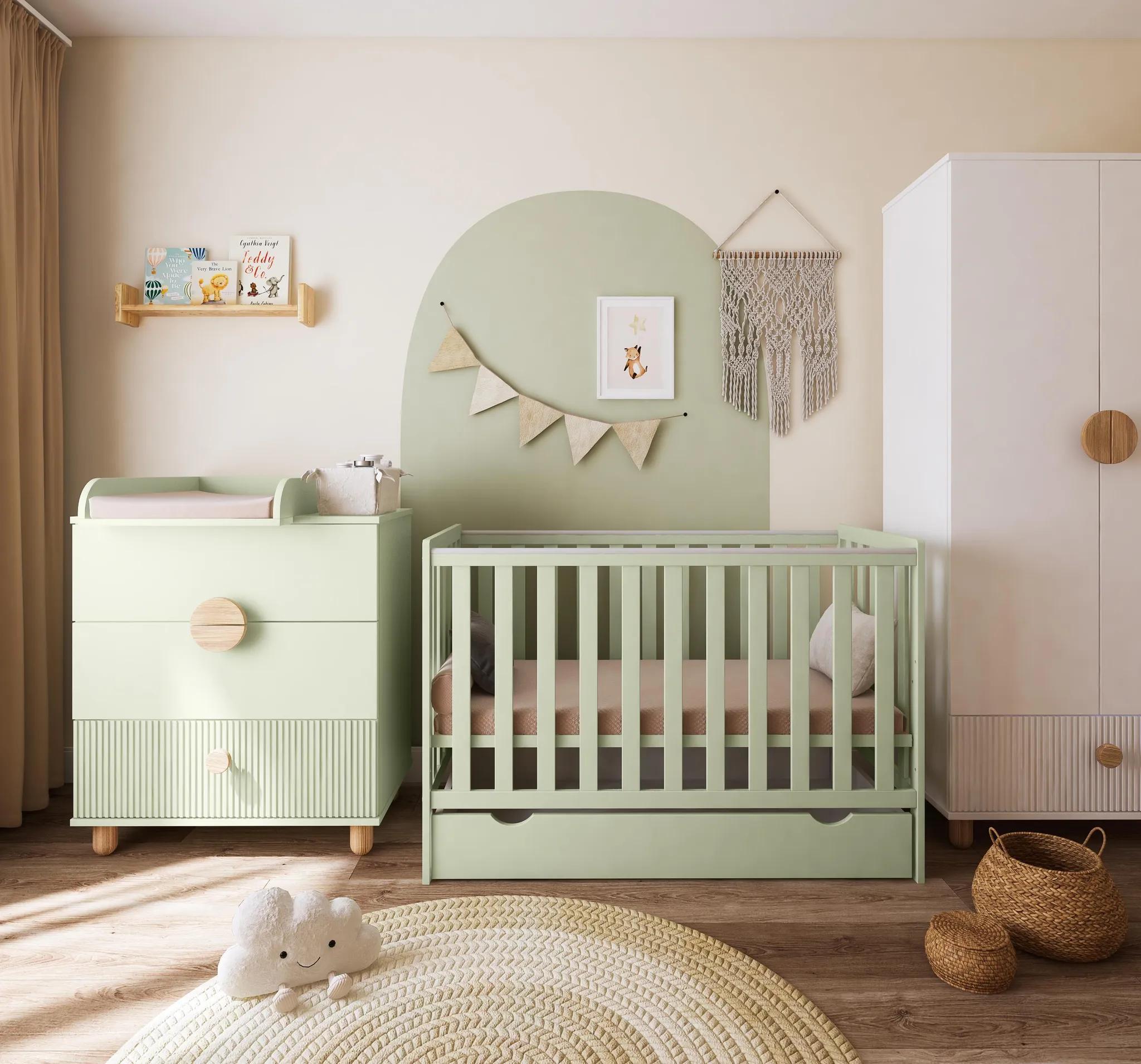 ZEE BAMBI Mint Babybett Set 120x60 cm mit Schublade & Barriere + Wickelkommode LOFT mit Wickeltisch & Holzbeinen Höhenverstellbar Kinderbett