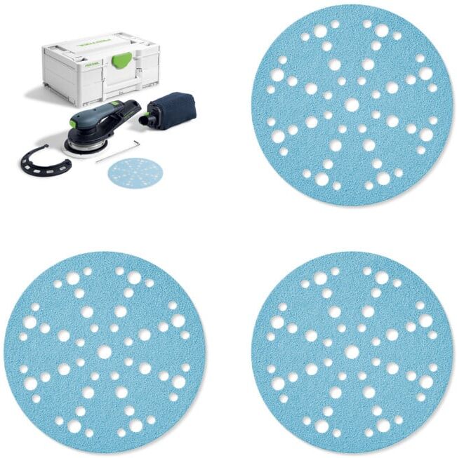 Set Festool Akku-Exzenterschleifer ETSC 2 150-Basic + Schleifmittel Granat D150 P120 GR/50 + Schleifscheiben STF D150/48 P80 GR/50 + Schleifscheiben STF D150 P40 GR