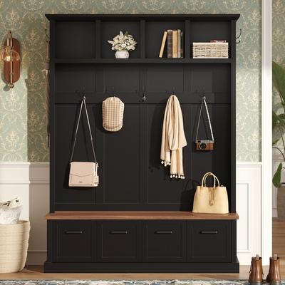 Farmhouse All-in-One Hall Tree with Storage Bench,Modern Entryway Organizer with Open Storage and Enclosed Shoe Cabinets
