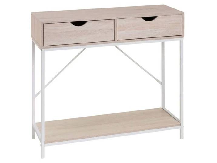 Console effet bois blanchi et métal blanc 2 Tiroirs 80x30x75cm
