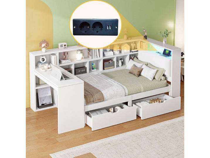 Lit plateforme en L 90x200 cm - lit capitaine d'angle 1 place avec bureau rangements tiroirs et LED blanc
