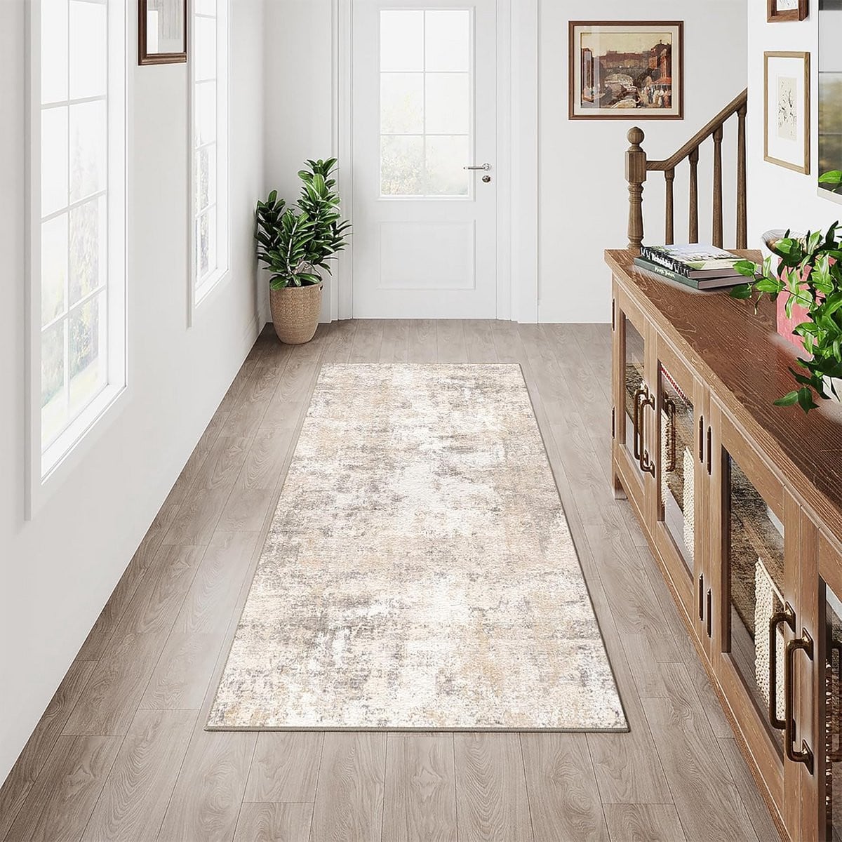 Modern Abstract Vloerkleed Gangloper - Beige Grijs - 60 x 180 cm