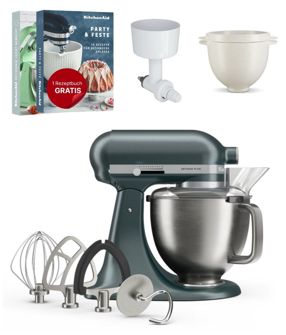 KitchenAid 4,7 L 5KSM50 Artisan Plus Küchenmaschine Breadlover mit Messerschmidt Getreidemühlenvorsatz + Brotbackschüssel Juniper