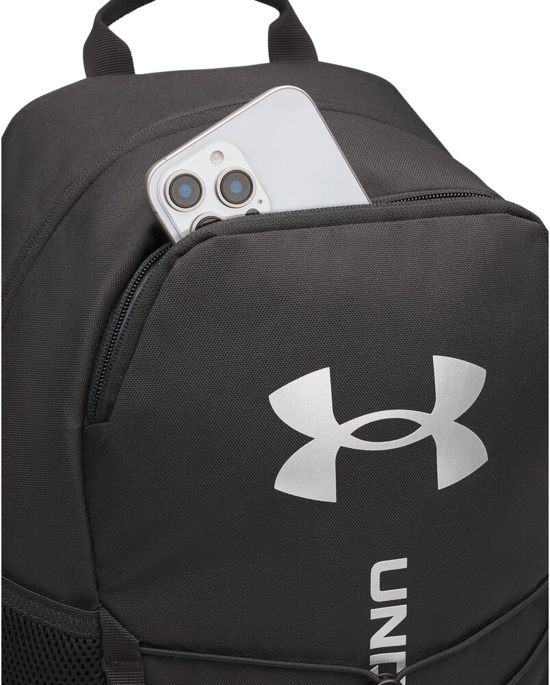 Sportrucksack UNDER ARMOUR "Hustle Sport 6.0 Backpack", silber (schwarz, schwarz, metallic silber), Rucksäcke, B/H/T: 32cm x 16cm, Polyester, Sportrucksack, Volumen von 29 Litern, robuste Verarbeitung, aus Polyester, B:32cm H:16cm schwarz, schwarz, metall