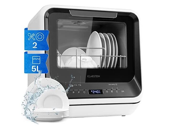 Klarstein Amazonia Mini Geschirrspüler – Kompakte Tischspülmaschine mit Wassertank, 7 Programme, 5L, Digitalanzeige, Leise 58dB, Energieeffizienzklasse D, Tragbar für kleine Küchen & Reisen, Schwarz