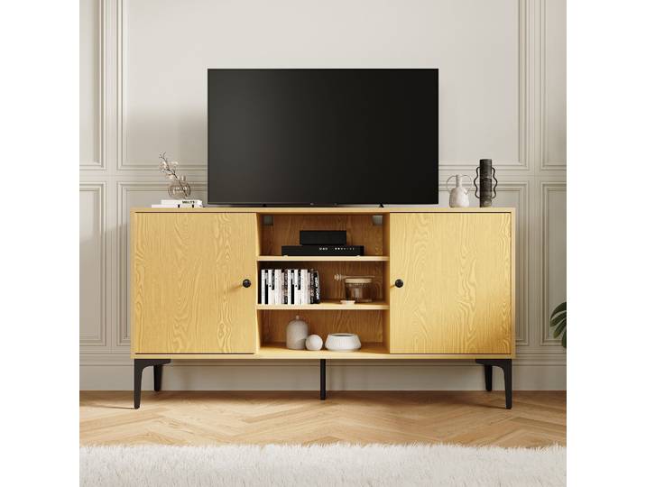 SIRHONA Meuble TV Support télévision Meuble TV style moderne avec porte battante meuble TV couleur imitation bois 140x35x70 cm