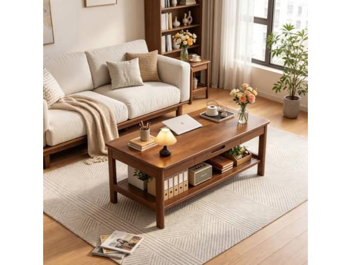 EBOYNSowAprr Couchtisch aus hochwertigem Gummiholz mit Schublade Moderner minimalistischer Mitteltisch für Wohnzimmer, Langlebiges Massivholz-Möbelstück(Walnut,39.4x20.9x18.9in)