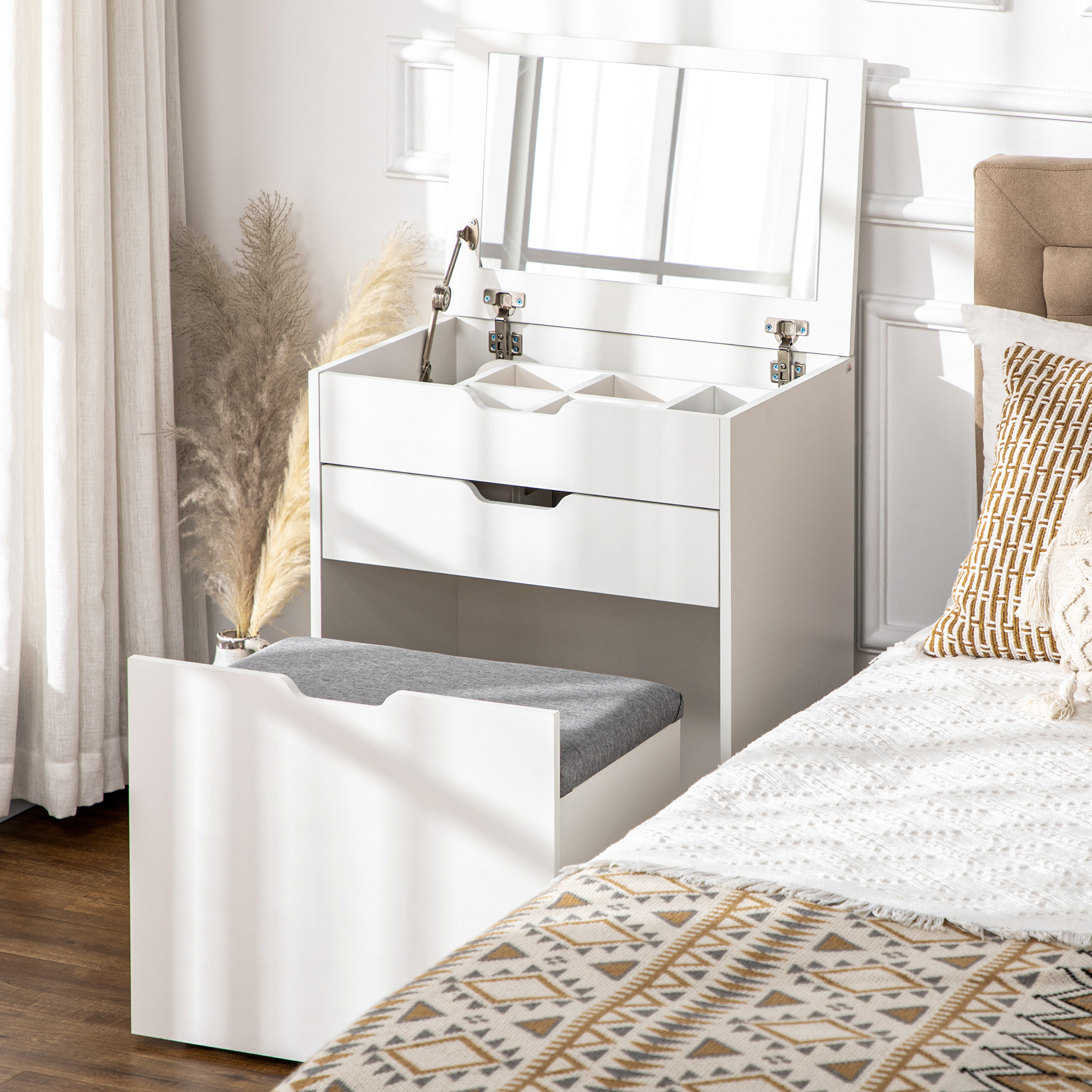 Homcom Toeletta da Camera con Specchiera, Cassetto e Sgabello Abbinato in Legno, Bianco Aosom