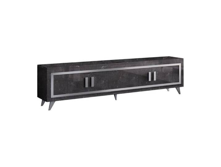 GUEDA - Meuble TV 4 Portes Effet Marbre Anthracite Finition Argent