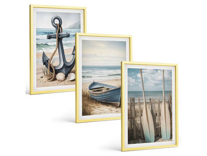 Tulup Bilder SET 3er Set - 40x60 cm Goldrahmen - Anker, Boot, Ruder, Strand, Goldfarben, Kunststoff, Rechteckig, 40x60 cm, Fotografie, Bilder & Rahmen, Bilder