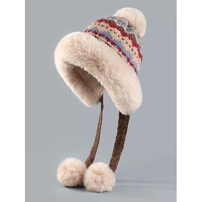 Damenmütze aus Acryl mit Fair-Isle-Muster – weich, kuschelig, mit Bommeln, perfekt für Weihnachten und Wintermode