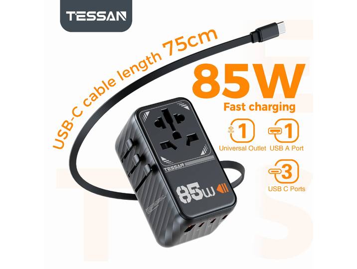 TESSAN 85W 35W Adaptateur de voyage universel GaN Type C à charge rapide, adaptateur international avec USB C rétractable pour Royaume-Uni, UE, États-Unis, Australie