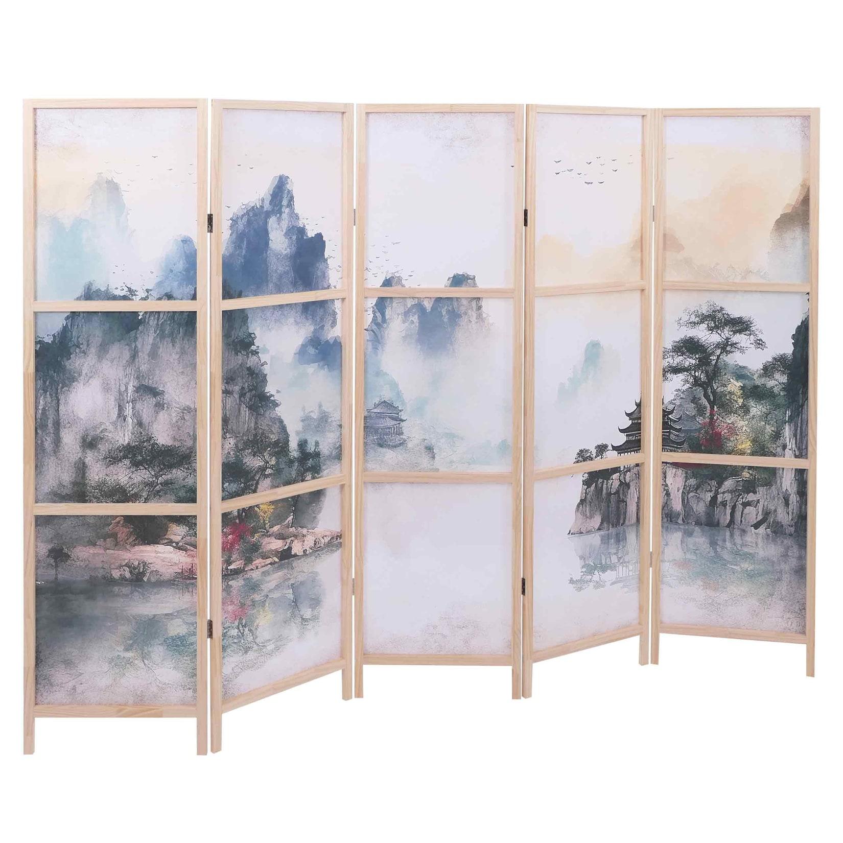 Paravent MCW-O70, Trennwand Sichtschutz Raumtrennung Naturmotive Holz MVG Polyethylen 170x227cm ~ Berge
