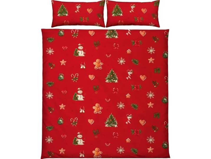 Erwin Müller Edelflanell Bettwäsche Lebkuchenmännchen, Tannenbaum, Schneemann, Weihnachten rot Größe 40x80 cm / 200x200 cm - kuschelige Wärme, temperaturausgleichend, mit Reißverschluss