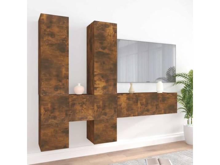 VIHHQGC 7-TLG. TV-Schrank-Set Räuchereiche Holzwerkstoff mit Wandmontage Wandmontage, robustes Material, viel Stauraum, klassisches Design, einfache Montageanleitung