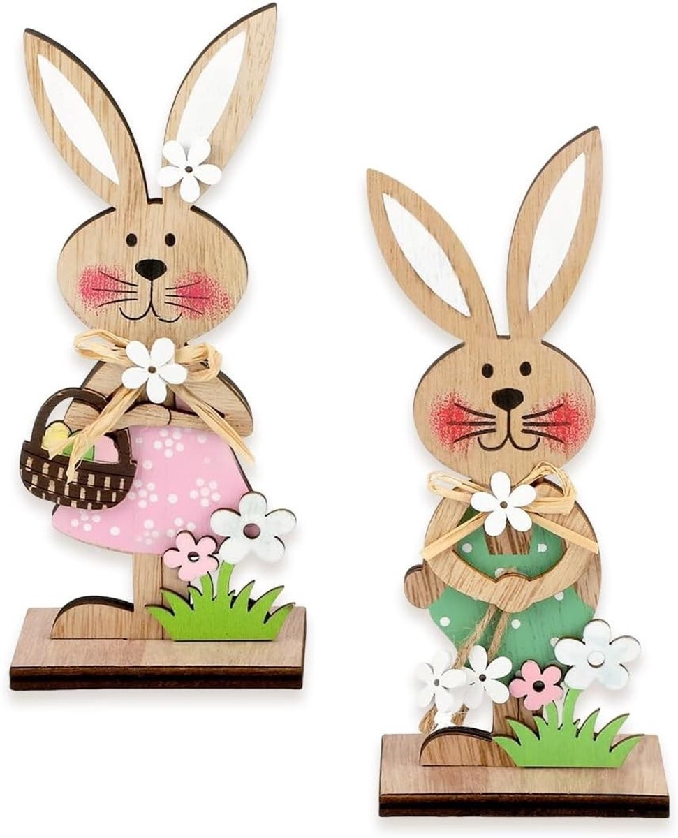 Set van 2 houten paashazen met paaseieren voor jouw paasdecoratie