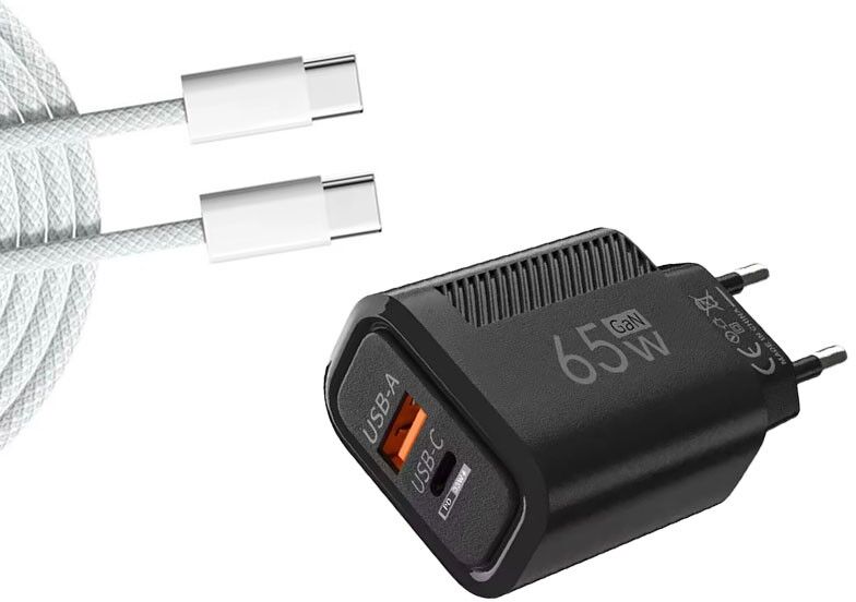 Cargador GaN 65W USB-C USB-A con carga rápida PD y QC3.0 + Cable USB-C 1m Negro