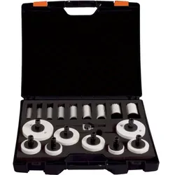 BiMetall Lochsägen-Koffer "Komfort" 37 tlg. 17 an der Lochsäge vormontierte Verbindungsstücke, inkl. 1x Schnellwechsel-Adapter, 1x Zentrierbohrer und 1x Winkelstiftschlüssel