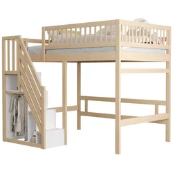 OKWISH Massivholzbett 140x200 mit Stauraumtreppe hohes Sicherheitsgeländer platzsparendes Design robust langlebig Kiefernholz elegant Naturholzfarbe