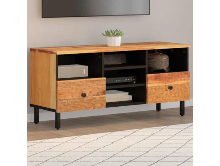 HEFZGDB TV-Schrank 100x33x46 cm aus Massivholz Akazie mit Stauraum und Eisenbeinen für Stabilität und Langlebigkeit