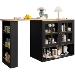 OKWISH Drehbares Sideboard Schwarz 204x39x103 cm aus MDF mit Glas Doppeltüren 360 Grad drehbar ausziehbar mit offenen Ablagen und verstellbaren Einlegeböden