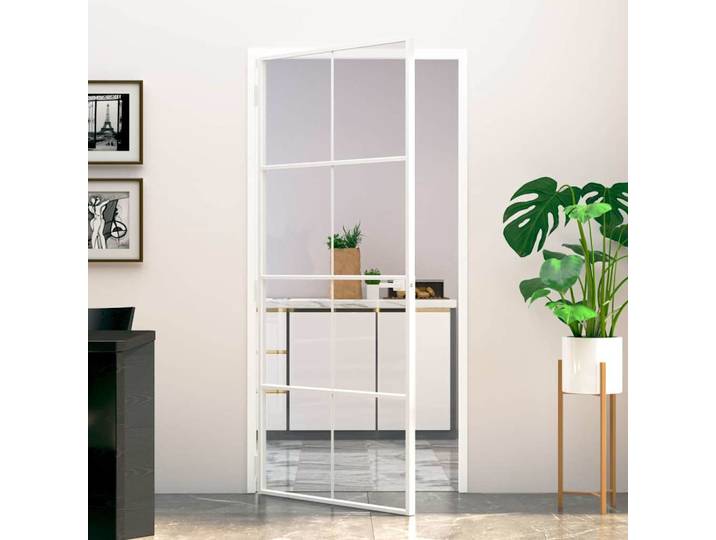 vidaXL Innentür Weiß 93x201,5 cm Hartglas & Aluminium Schlank