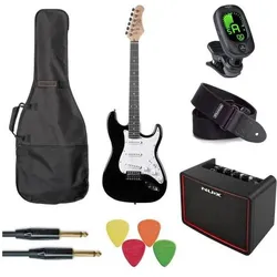 EKO E-Gitarre GEE ST100-BLK Schwarz Komplett-Set (E-Gitarre, Ahorn, Pappel), Gitarre, Schwarz