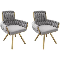 OKWISH Drehbarer Esszimmerstuhl Samt Grau mit Armlehnen, 360°-Drehfunktion, Metallgestell, 62x60x86 cm