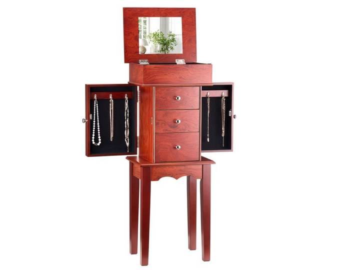 Armoire à Bijoux sur Pied en Bois-VEVOR-Coffre Rangement à Bijoux avec 3 Tiroirs 2 Portes Latérales avec 6 Crochets